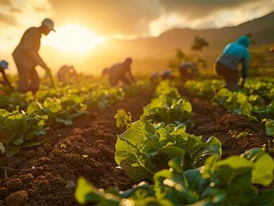 Trabajadores cosechando verduras en el campo